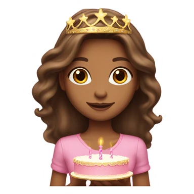 Beautiful tan skinned brunette with long hair and a pink birthday cake and gold tiara sticker