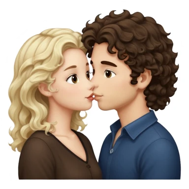 White Italian boy with dark brown wavy fluffy hair and blonde girl that's pale with wavy hair kissing sticker