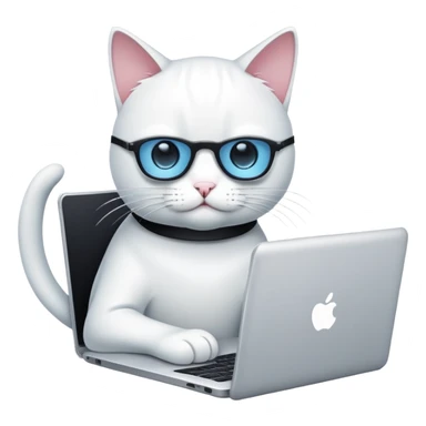 white hacker cat with a laptop sticker