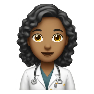 girl emoji. she has black and wavy bob for her hair.  she has dark brown eyes and a lab coat on. she has small gold hoop earrings and a gold chain necklace.  sticker