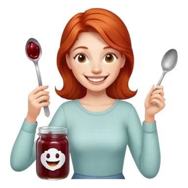 redhead woman with big smile taking some jam with a spoon from glass jar sticker