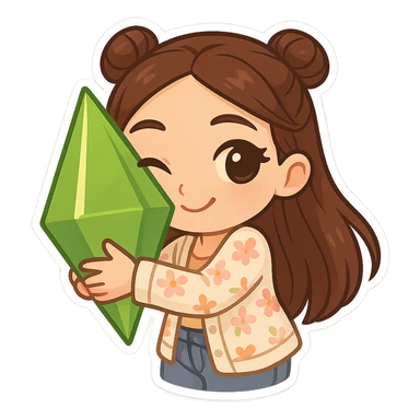 Create a chibi sticker of the girl from the reference image. She has brown straight hair styled in double buns, brown eyes, wearing a pastel floral cardigan and jeans. The expression is flirty and she is hugging a plumbob. The sticker should have a white outline and a transparent background, sized 512x512px. sticker