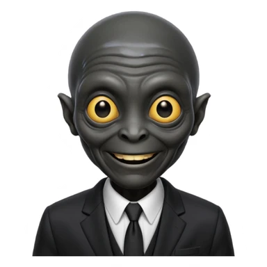 an old alien with black suit, smile sticker