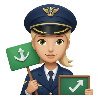 Slack-style emoji of a pilot wearing a slightly tilted navy captain hat holding a green board with a white check mark sticker