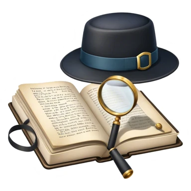 Icon for Detective Reading: an open book with text and a magnifying glass, a detective’s hat and a notebook with clues, surrounded by dark shadows and mysterious elements like footprints. Transparent background. sticker