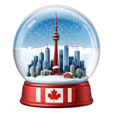 A Tiny beautiful hyperrealistic Glass Snow globe, with Toronto City CN tower within the global, full of snow, with canadian flag, expressing  a snow storm in ontario. "TORONTO 2026" Craved into the metal label on front.  Isolated, 3D render  sticker