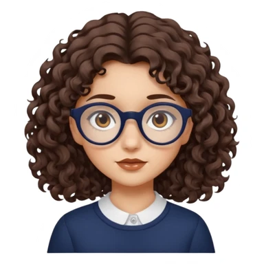 medium fair-skinned girl with brownish hazel eyes, roundish ovalish dark navy glasses, wavy curly choco brown hair, neutral expression sticker
