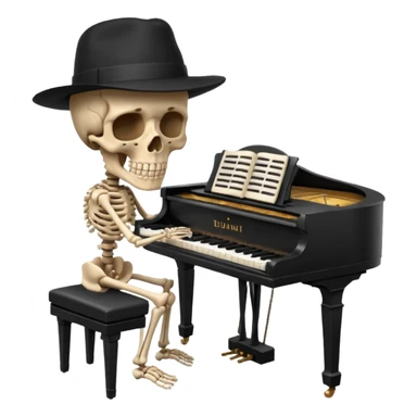a human skeleton in anatomical proportion wears a black hat and plays the piano sticker