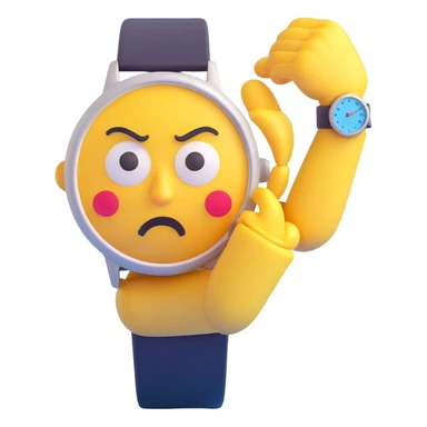 A yellow emoji face with a worried expression, looking at a wristwatch with raised eyebrows, showing urgency and stress sticker