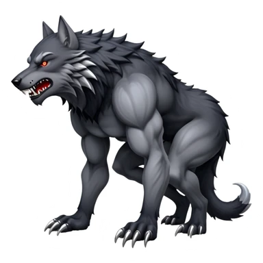 cinematic-noble-fierce-werewolf-full body on all fours-emoji, poised-and-imposing, with a tall, lean, and muscular wolfish frame inspired by the brutal, imposing shape of the beast from Berserk, fur rippling in shades of midnight black and silver, massive paws with razor-sharp claws, elongated limbs and fangs, eyes glowing with an intense, primal ferocity, reflecting the untamed power of the wild moonlit night; rendered with realism like a wolf hunched over sticker