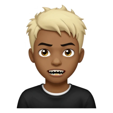 Black Male Teenager with Short punk messy blonde hair, Dark brown bushy eyebrows large expressive golden-brown eyes, wearing a plain white t-shirt, Dark Brown skin color. vampire tooth sticker