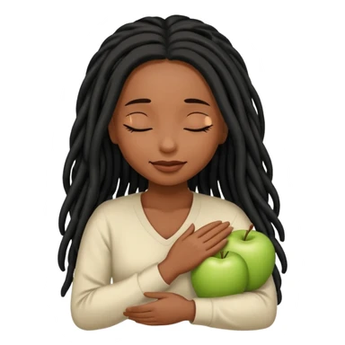 Soft feminine emoji with deep brown skin (Apple’s darkest), long black locs, eyes closed, gently cradling locs. Rounded, simple features, subtle smile. Clean, minimal Apple-style vector art, transparent background. sticker