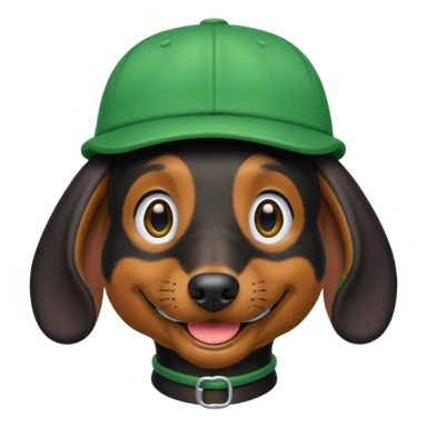 Black Dachshund in Green Cap in iOS 18 Emoji Style sticker