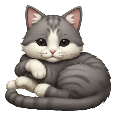 dark grey and white small cat with his eyes closed, leaning his head on his paw while leaning on his elbow lying down sticker