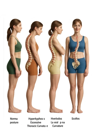 fai un immagine identica che riguarda 3 posture scorrette: scoliosi, ipercifosi e iperlordosi. falla iperrealistica anatomica in 4k con spina dorsale storta in evidenza su ogni figura sticker