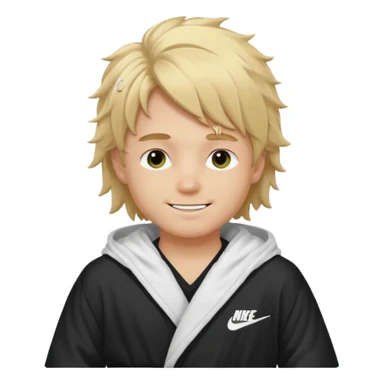 Create a blond boy with long, messy hair, light eyes, a white t-shirt, rich, with long hair, blue eyes, medium-length, voluminous hair, wearing a black Nike bathrobe and a little blush near his nose. and with a balaclava, type bandit balaclava sticker