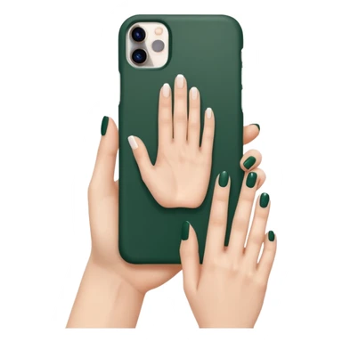 female hand with nude manicure (5 fingers) holding a white iPhone in a dark green case, clean background, minimalist sticker
