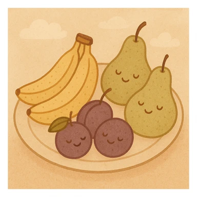 a plate with bananas, pears, and plums, in flat warm colors illustration style sticker