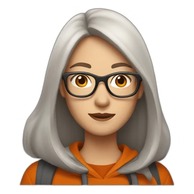 pale woman with glasses with long straight brown hair waving wearing a dark orange hoodie sticker
