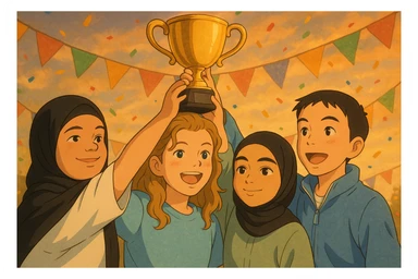 Illustration style Ghibli: The four students shown in the photos, gathered together and lifting a trophy together, warm atmosphere, soft lighting, festive background. sticker