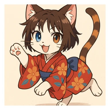 Ryougi Shiki as a playful anime-style cat, with blue and brown eyes, short hair, and a kimono pattern on her fur sticker