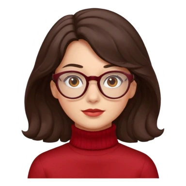 A girl has fair skin wavy dark brown hair, has glasses and almond brown eyes wears red turtle neck sticker