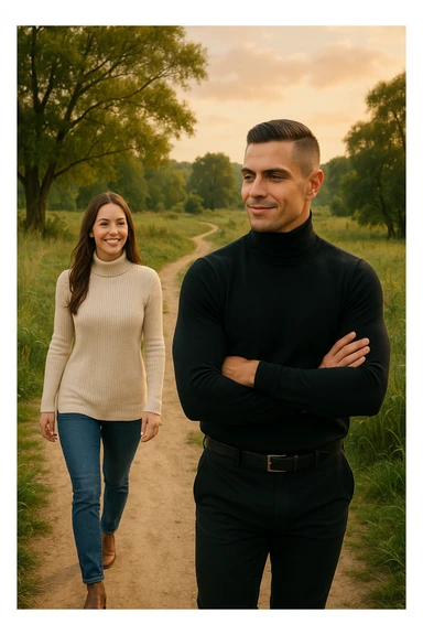 a man and a woman walk together along a winding path in a natural landscape. In one version, the woman leads confidently while the man follows a few steps behind, looking at lei con ammirazione. In un’altra versione, i ruoli sono invertiti, con l’uomo che guida e la donna che lo segue sorridendo. La scena trasmette l’idea che entrambi possano guidare o seguire, a seconda del momento. sticker