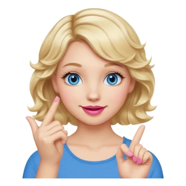 Girl Blonde short wavy hair,  blue eyes, cute blue top, long lashes, pink lips, smiling, hand over the mouth sticker