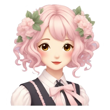 Gorgeous pastel anime style lady with blushing face and flowers and laces and bow ties and pretty hair aesthetic trending style sticker