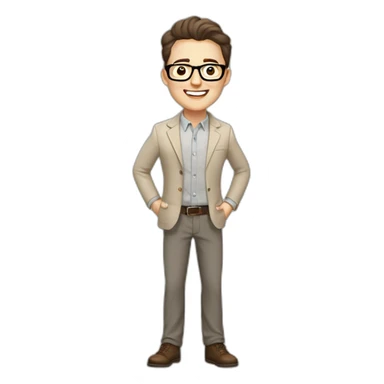Joyful Pale skinned Fit Man With dark brown hair in gray jacket, beige office shirt, Brown pants and vintage glasses. His thrumbs up sticker
