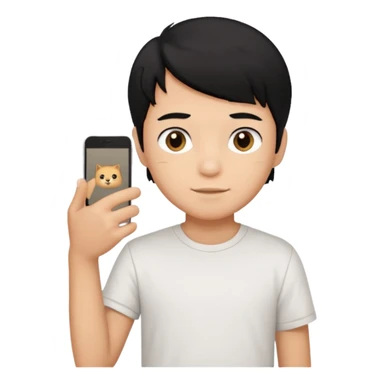 generate a pretty bratz emoji of a boy with black hair wearing a white tshirt and holding a cTCAT sticker