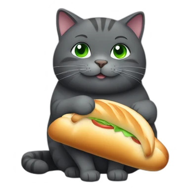 happy dark grey fat cat with green eyes and short tail eating a baguette sticker