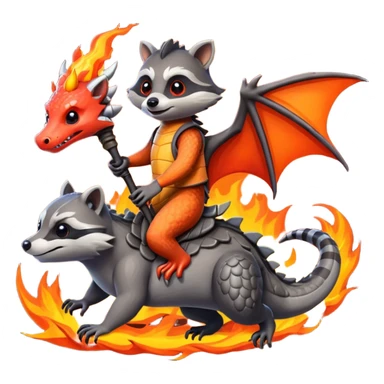 Raccoon with rise of castles game theme riding a dragon. Fire everywhere sticker