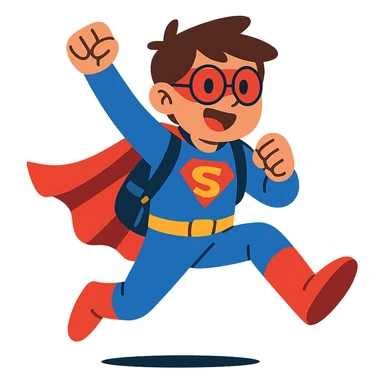 student in superhero costume, dynamic pose sticker
