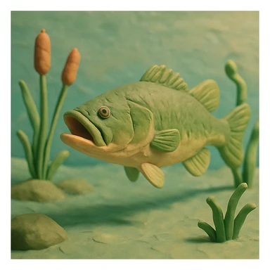 largemouth bass swimming in a pond, visible fingerprints, pastel colors, claymation style sticker