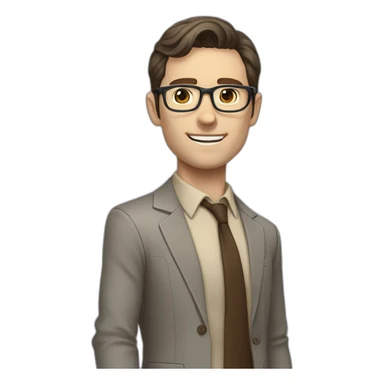 Full height Pale skinned fit man with dark brown hair in gray jacket, beige office shirt, brown tie, brown pants and vintage glasses. His right hand stretched out sticker