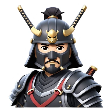 clash-of-clans-aesthetic_-cinematic-fearsome-and-majestic-samurai-bust-portrait-emoji, rendered in a flat, vector-style with minimal shading and bold, simplified shapes typical of emoji art, depicting a battle-hardened samurai with black mask and traditional black Japanese armor. The samurai is riding a noble grey warhorse adorned with an intricately designed saddle and fluttering banners and a rising sun. a samurai riding on a  horse zoomed in sticker