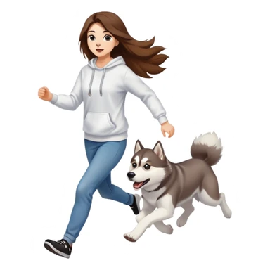 The husky is running in front, and a beautiful girl with long hair wearing a white sweatshirt and jeans is chasing behind. sticker