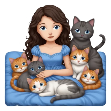detailed realistic looking a dark grey and white cat regally laying with six other cats, cuddling with their owner in bed who is a pretty bratz lightly tanned white girl with long dark brown hair, blue eyes and gorgeous long wavy hair wearing a pretty detailed dress sticker