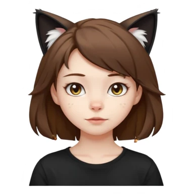 a girl with pale skin, shoulder lengh brown hair with lots of dandruff , cat ears and a tail, with a black t-shirt on sticker