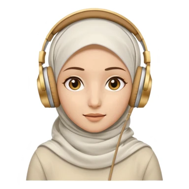 This is a cartoon-style avatar of a woman wearing a white hijab and headphones, with golden-brown eyes and a calm expression. sticker