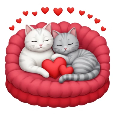 White cat and gray cat sleeping together in a bed full of hearts sticker