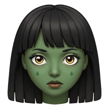 Mulher de franja cabelo preto pele verde bem escuro com a cara machucada com os olhos regalado fundo escuro cabelo longoo sticker