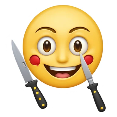 a cartoonish smiling emoji with a knife stuck in its eye, exaggerated expression sticker