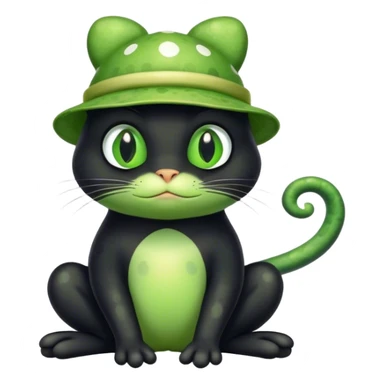 black cat with white spots and green eyes wearing a green frog hat sticker