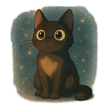 curious cat with big eyes and magical atmosphere in ghibli style sticker