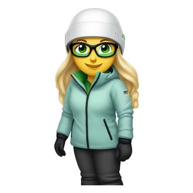 Green-eyed, fat female skier with long straight blonde hair, glasses, white ski helmet, grey snow jacket, long black pants, black only snow boots standing tall. sticker
