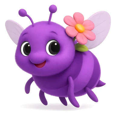 A 3D emoji of a purple bee, in a three-quarter view, with a curious expression, soft shadows, a slightly tilted body, and a small flower on its back. sticker
