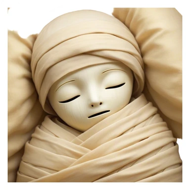 A snug, cozily wrapped mummy, fully encased in soft, slightly loose bandages, even its face gently hidden behind folds with only a tiny glimpse of sleepy eyes, nestled in warm, faded tones with gentle golden accents, simplified yet irresistibly charming, highly detailed with a soft glowing outline capturing the peaceful aura of an ancient being drifting into rest! sticker
