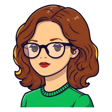 woman with pale skin, brown wavy hair, green eyes, gold glasses sticker